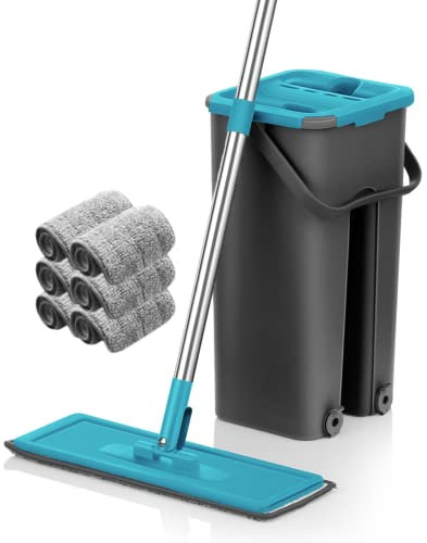 Fregona Mopa con Cubo Escurridor Mopa para Limpiar Azulejos Paredes Suelos Fregona Plana Cubo con 6 Almohadillas Autoescurrible Parquet Madera Ventanas Mop Bucket Trapeadora