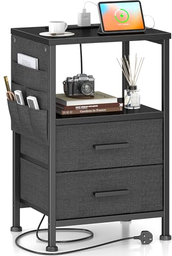 COWISH Bedside Table with Charging Station, 2 Drawers Bedside End Table, Industrial Sofa SideTable, Rolling Nightstand with Storage Shelf and Bag for Living Room, Bedroom, Black