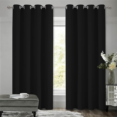 VEHEDE Verdunkelungsvorhänge mit Ösen Vorhang Blickdicht Thermovorhang Kälteschutz Gardinen Schlafzimmer, 2er Set H175x B140 cm, Blackout Thermal Curtains Schwarz Vorhänge Wohnzimmer