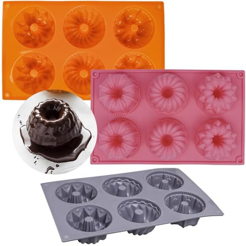Sinsanye 3 Stück Mini Gugelhupfform Silikon, 6 Mulden Gugelhupfform KleinLebensmittelqualität Wiederverwendbare, Mini Backform Gugelhupf für Kuchen Dessert Schokolade - Grau, Rose, Orange