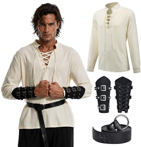 Costume de Viking MVFEUIJ pour homme - Vêtement médiéval Renaissance - Chemise de pirate - Ceintures - Sacs de taille - Protège-bras - Ensemble (L)