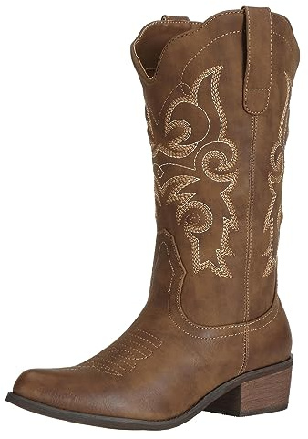 J's.o.l.e Ladies Cowgirl Cowboy Boots for Women Leather Mid Wide Calf Country Riding Western Brown Wedding Shoes UK Size 5
