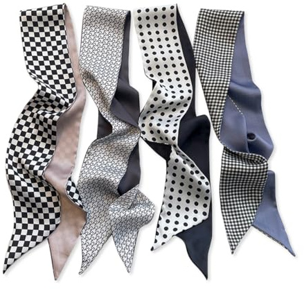LumiSyne Sciarpa Di Seta Stretta Donna Ragazze Lungo Sottile Fazzoletto Da Collo Motivo a Pois a Quadri Classico Stile Francese Retrò Leggera Raso Foulard Copricapo Fascia Per Capelli Nastro Sciarpa