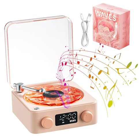 Vinyl Player The Waves - Altavoz portátil retro de ruido blanco con 4 sonidos naturales, luz RGB (rosa)