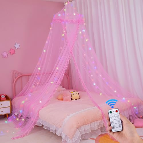 MHJY Ciel de lit pour filles, moustiquaire pour enfants, rideaux de lit avec lumières LED et télécommande, décoration de chambre de princesse pour chambre d'enfant