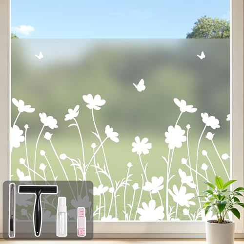 Conkov Window Film Frosted Privacy Film, Small Daisy, 90 x 400 cm | Translucent Vinyl Self Adhesive Reusable Decorative Glass Film for Kitchen living room badroom, Come with Tool