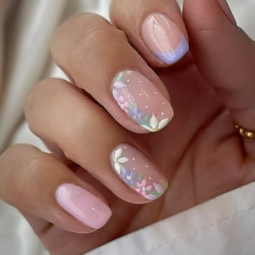Almond Shape Short False Nails with Glossy French Tip - Floral Design Press on Nails for Women, Easy DIY Natural Nude Pink Artificial with for Daily Wear and Manicure