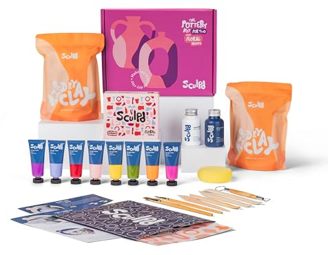 Sculpd – Das originale Töpfer-Set, Komplettes lufttrocknendes Ton-Set für Erwachsene, inklusive Modellierwerkzeugen, Lack, Pinseln, Anleitungen sowie Kunst & Bastelset, Glanzlack mit floralen Tönen