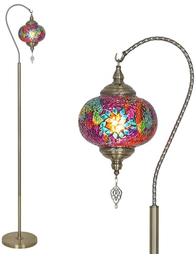 LAMSU Turkish Moroccan Floor Lamp, Swan Neck Tiffany Lamp with Handmade Mosaic Glass Shade, Bronze Base, 65 Tall Standing Lamps for Living Room Bedroom Home Decor Light, Colorful