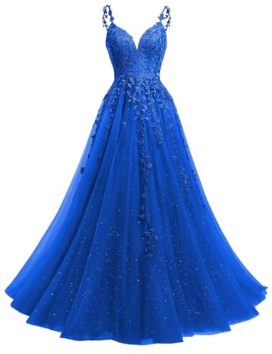 Robe de bal de princesse avec applique en dentelle et tulle pailleté - Robe de bal plissée - Grande taille, bleu roi, 54 Grande taille