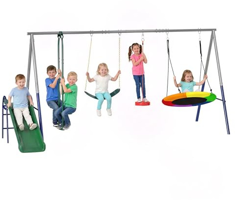 AIYAPLAY Balançoire Portique 5 en 1 avec Toboggan 350 Kg Multicolore | 3 Balançoire, Face à Face, Hauteur Réglable, Pour Enfants 3-8 ans, En Acier, Extérieur