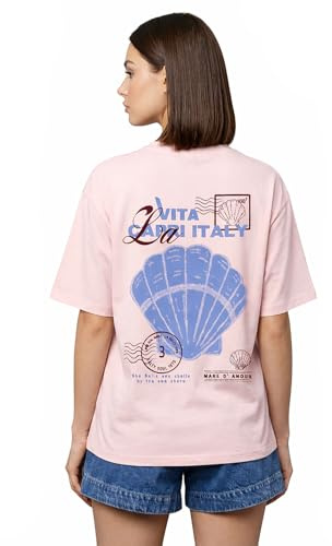 JUNEBERRY® Oversized grafisk t-shirt för kvinnor, vintage, retro, estetisk design, avslappnad passform, avslappnad t-shirt, lös passform, trendig, storlek S till 2XL, rosenvatten, M