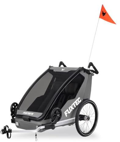 FUXTEC cykelkärra FX-FA1 Sportfux med 2 säten, bakväska med reflexer, skjuthandtag, regn- och solskydd, hopfällbar, grå