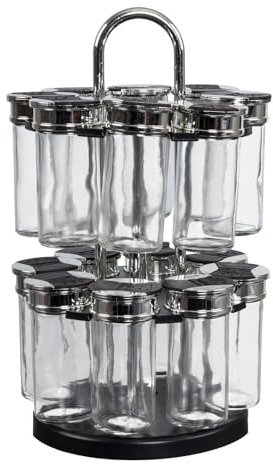 Carosello Rotondo di 16 Vasi per Spezie con 2 Livelli, 19 cm x 19 cm x 31.5 cm, Trasparente/Nero