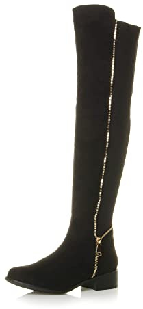 Ajvani Womens Ladies high Over The Knee Stretch Pull on Low Heel Boots, 6 UK, Black Suede Gold Zip