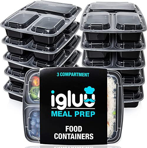 Igluu Meal Prep Boxen mit Deckel (10er-Pack) - wiederverwendbar, mikrowellen-, gefrier-, spülmaschinengeeignet, stapelbar - 946ml Fassungsvermögen - 3 großes Fach - aus BPA-freiem Kunststoff