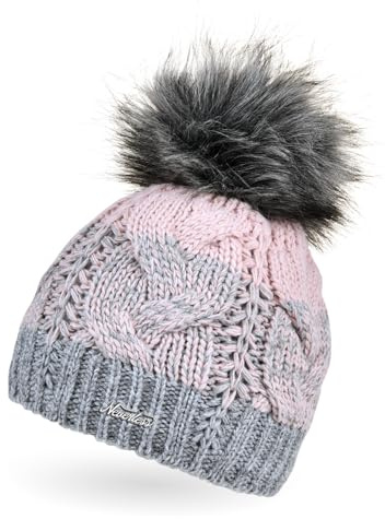 Neverless® Damen Strick-Mütze gefüttert Fleece-Innenfutter Fell-Bommel Kunstfell Winter-Mütze Bommelmütze Zopfmuster Mehrfarbig Grau-rosa