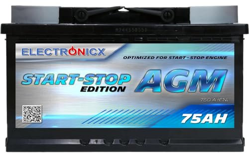 Electronicx AGM Autobatterie 75Ah 12V – wartungsfrei, versiegelt, vibrationsgeschützt, Start-Stopp geeignet, Hochleistungs-Starterbatterie 750A EN, 75 Ah AGM KFZ Batterie, kompakt, zuverlässig, sicher