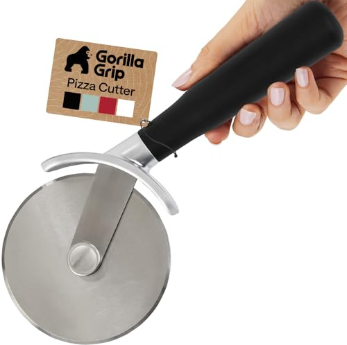 GORILLA GRIP Patented BPA-Free Large Pizza Cutter Wheel, 9 Inch, Extra Sharp Stainless Steel Blade, Slip Resistant Handle with Thumb Guard Protection, Slice Thick or Thin Pizzas, Pie, Pastries, Black
