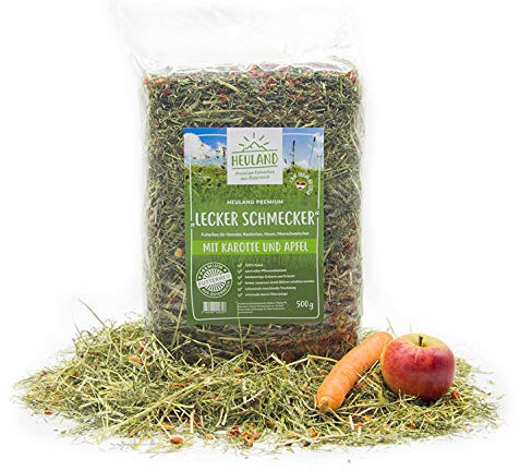 HEULAND® Premium Heu Lecker Schmecker mit Karotte und Apfel (4X 500g) Frisches Bergwiesenheu für Kleintiere Kaninchen Hamster Streu Meerschweinchen Futter für Nager Zwergkaninchen Hasen - 2 Kilo