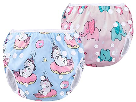 Luxja Bañador Pañal Bebé Reutilizable para Niños (0-3 Años), Bañadores de Tela, Aprendizaje, Unicornio + Elefantito