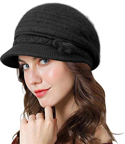 Genfien Barette für Damen Brim Cap Newsboy Cap für Damen Baskenmütze Dickes Fleece Gefüttert Retro-lässige Häkelmode Gestrickte Strickmütze Leichte Winter One Size，Schwarz