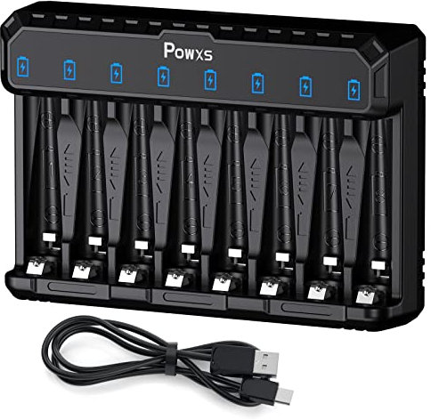 POWXS Cargador de batería LED de 8 ranuras para baterías recargables de litio AA y AAA NI-MH NI-CD, cargador de batería inteligente AA AAA tipo C y entrada micro USB, función de carga rápida