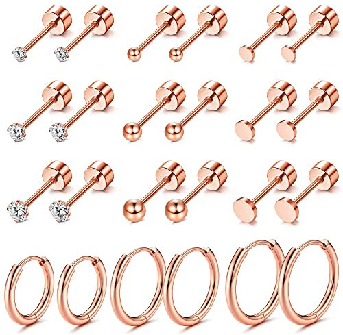 Morfetto 12 Paar Winzige Ohrstecker Ohrreifen Edelstahl Ohrringsets für Mehrere Piercings Flache Rückseite Ohrringe Knorpel Kleine Creolen Rose Gold