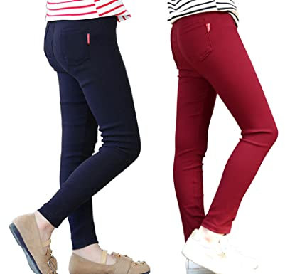Kiench Mädchen Leggings Lang Hosen mit Taschen Slim Fit Jeggings 2er-Pack Weinrot & Dunkelblau EU Größe 134-140/8-9 Jahre Etikett 140