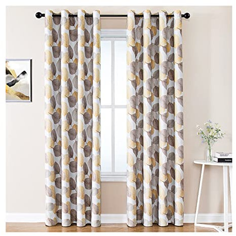 Lieson Vorhang Wohnzimmer 2er Set Blickdicht, Polyester Verdunkelungsvorhänge mit Ösen Blätter Muster Gardinen Schlafzimmer Braun Gelb 102x214CM