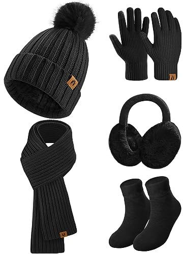 Niwicee Ensemble Bonnet Tricotés Écharpe Femme Set 5 Pièces Cache Oreilles Femme Chaussettes Foulards Tricotés Ensemble De Ski D’Hiver De Femmes Beanie Hiver Chaud Chauffant-Noir-