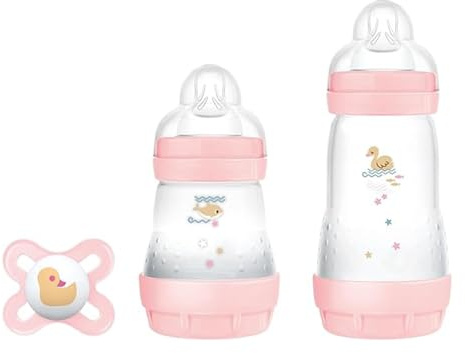MAM Starter Set mit 2 Anti-Kolik-Fläschchen, 160 ml und 260 ml mit Sauger aus SkinSoft Silikon, mit Original Start-Schnuller, 0+ Monate, rosa