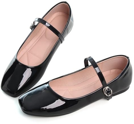 Hee grand Patent Leather Mary Jane Shoes for Women Square Toe Buckle Strap Ballet Flat Comfortable Dress Shoes,Black 7.5
