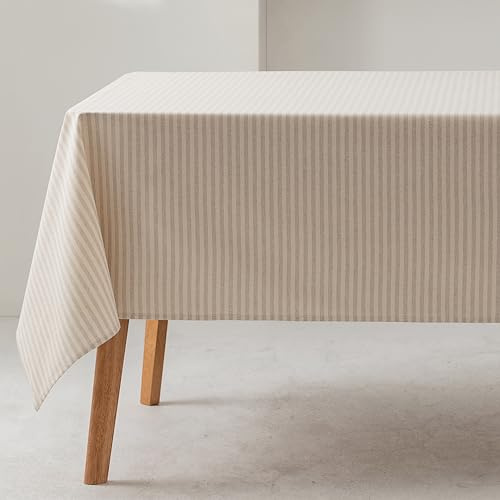 GAMUSI Mantel Rectangular Rayas Finas Gris Claro Impermeable Tacto Tela 100% algodón Lavable Interior y Exterior 140x200 cm