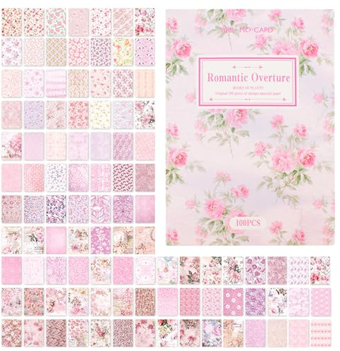 URROMA Rosa blomma klippbok papper, scrapbooking collage papper 100 ark blommor hantverk tillbehör skräp journal tillbehör vintage journalföring decoupage, 10 cm x 14 cm