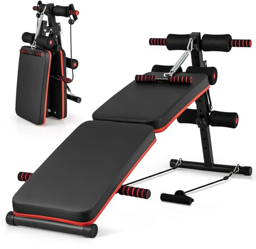 GYMAX Sit Up Bench, 330lbs Folding Decline Workout Bench with Spring Handle, Elastic Ropes & 4 Level Adjustable Height, Incline Weight Bench for Situp, Ab Crunch, Strength Training Exercise for Home Gym