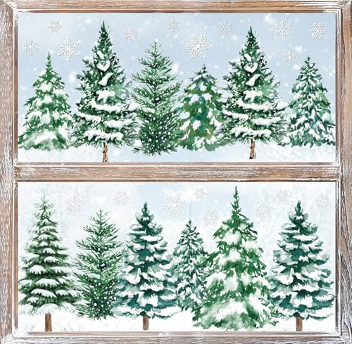 6 Sheets Christmas Window Clings Xmas Tree Winter Forest Reusable Window Decals for Xmas Holiday Party Home School Office Decor