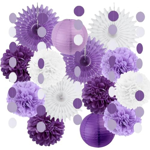 Decoración de fiesta de lavanda blanca y morada, abanicos de papel, pompones de papel, farolillos de flores, faroles para baby shower, boda, despedida de soltera, graduación, fiesta de cumpleaños