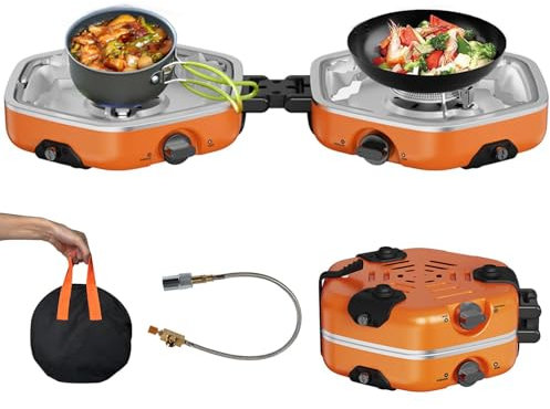 Foldable Gas Camping Stove, 17000 BTU Camping Stove Gas Portable + Grill, 2 Adjustable Burners & Piezo Ignition, for Cooking, Hiking, Camping, Trekking, Picnic