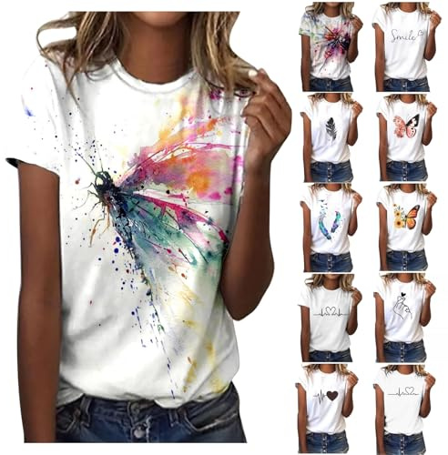 Tee Shirt Femme，Blanc Tee Shirt Femme col v，Tunique t-Shirts à Manches Courtes，imprimé Shirts Grande Taille，Tshirt Chic et Elegant，Top Blouse Longue Fluide Haut Chic et élégant Vetement