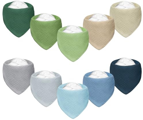 Miyacare 10 stycken haklappar baby triangelduk, superabsorberande, 100 % bomull, halsduk baby, med 4 justerbara tryckknappar, för baby pojkar och flickor, Vågor och skog, one size