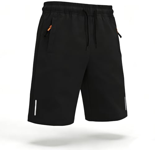 Himcus Boys PE Shorts Kids Football Sports Quick-Dry Gym Activewear Running Shorts with Drawstring,Zip Pockets(Tag 170,Black,12-13Y)