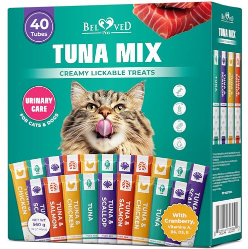 Beloved Pets Creamy Lickable Cat Treats & Wet Food Squeeze Tubes – Liquid Kitten Snacks, Urinary Tract Care, Multivitamin Treats for Cats, & Small Dogs, Lick Up 40 Sticks Tuna Mix