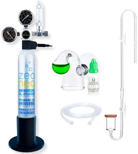 Kit complet Q-Grow pour installation CO2 d'aquarium - Simple et universel - Incl. diffuseur transparent, test de durée, régulateur de pression, bouteille de CO2 425g, jusqu'à 1000L