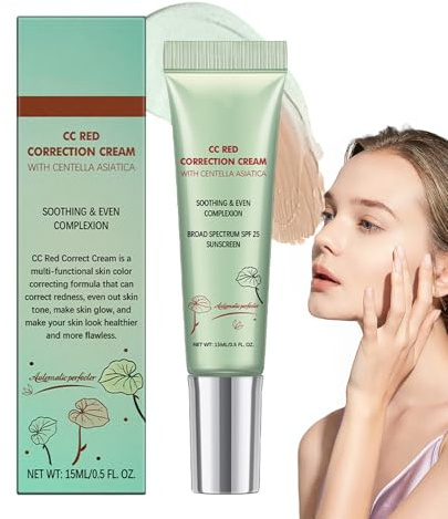 Yugugomo CC Cream Red Correct, Korrigerande Creme med, 15 mL, flytande textur, utan pulver, Korrigerar rodnad, återfuktar, SPF-skydd, för naturlig smink, dagligt, känslig hud