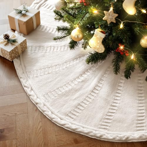 Lanpn Falda Cubre Pie para Arbol de Navidad de 40cm, Pequeño Alfombra de árbol de Navidad Redondas de Punto, Cubiertas para Base Alfombra para Decoración Navideña de Interiores (Beige)
