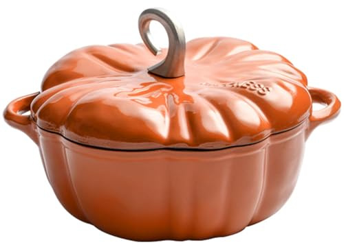 Horno holandés de hierro fundido – Cacerola en forma de calabaza con tapa y asas, olla antiadherente para cocinar, 3,7 L