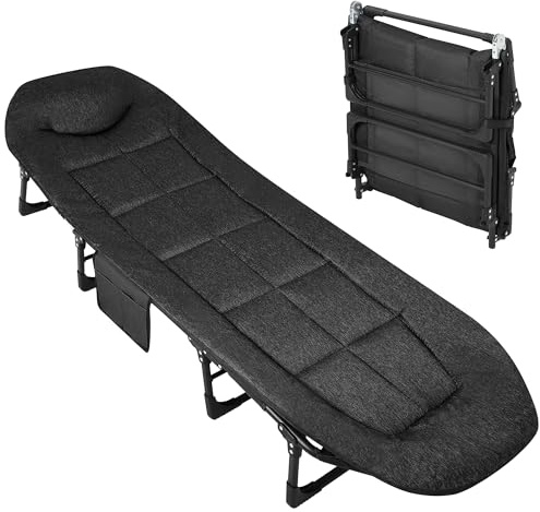 Garden Foldable Sun Loungers, Reclining Garden Chairs, Fishing Bedchair, Carp Fishing Chair with Side Pocket, Pillow and Mattress, Portable Sunloungers Patio Beach Pool, Camping, Indoor/Outdoor, Black