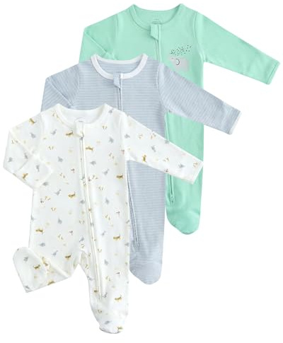 JiAmy Baby Neonato Pagliaccetto in Cotone Confezione da 3, Bambino Pigiama Ragazze Ragazzi Tutine, Neonato in Cotone Pagliaccetto Tutina a 2 Vie Cerniera a Piedini Pigiami Interi Verde 0-3 Mesi