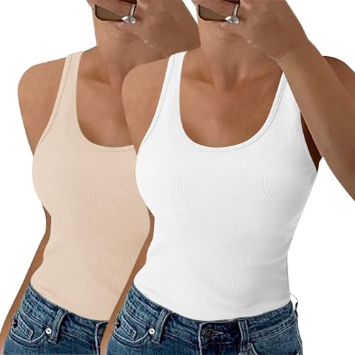 Aottori Canotta Donna Girocollo Costine Slim Fit Estiva Pacco da 2 | Canottiera Elegante, Basic Top, Cotone, Elasticizzato, Sottogiacca Senza Maniche, Smanicata Sexy